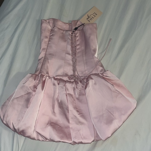 NWT Oh Polly Lace-Up Bubble Hem Corset Mini Dress in Soft Pink - Picture 3 of 5